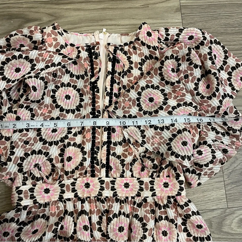 Kate Spade Pink By the Pool Mosaic Floral Print Metallic Stripe Ruffle Dress